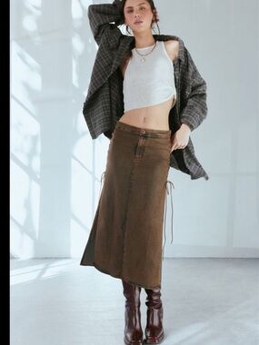 Silence + Noise UO Calie Washed Brownish Lace Up High Slits Denim Midi Skirt L